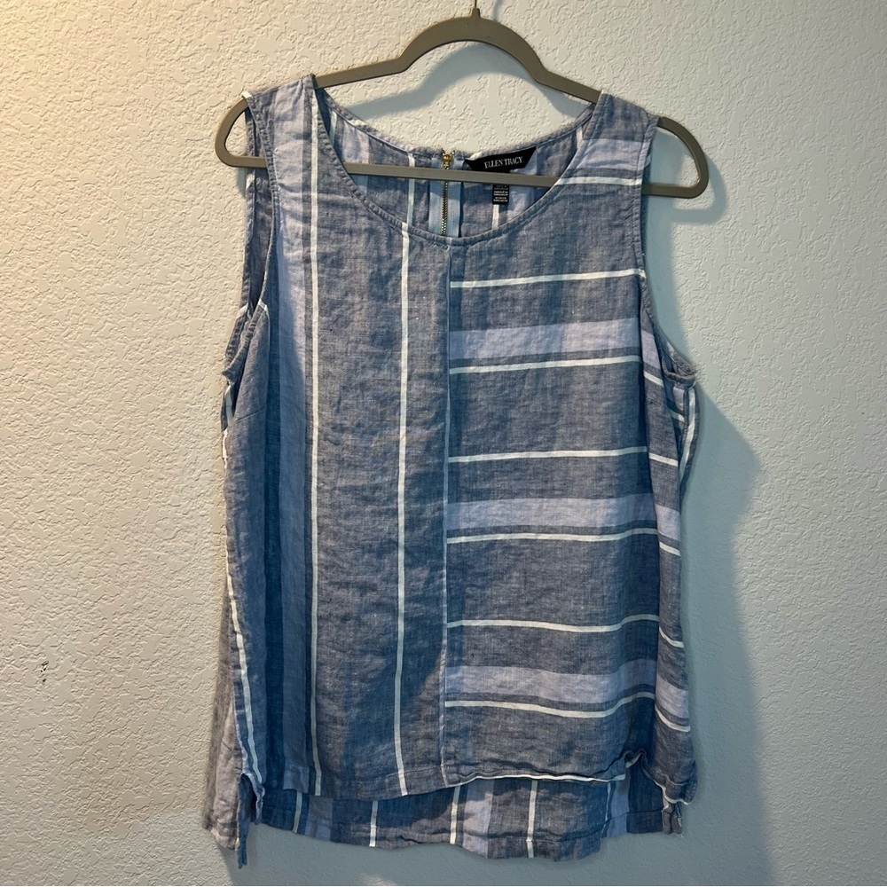Women’s Ellen Tracy blue striped pure linen sleeveless blouse size XL